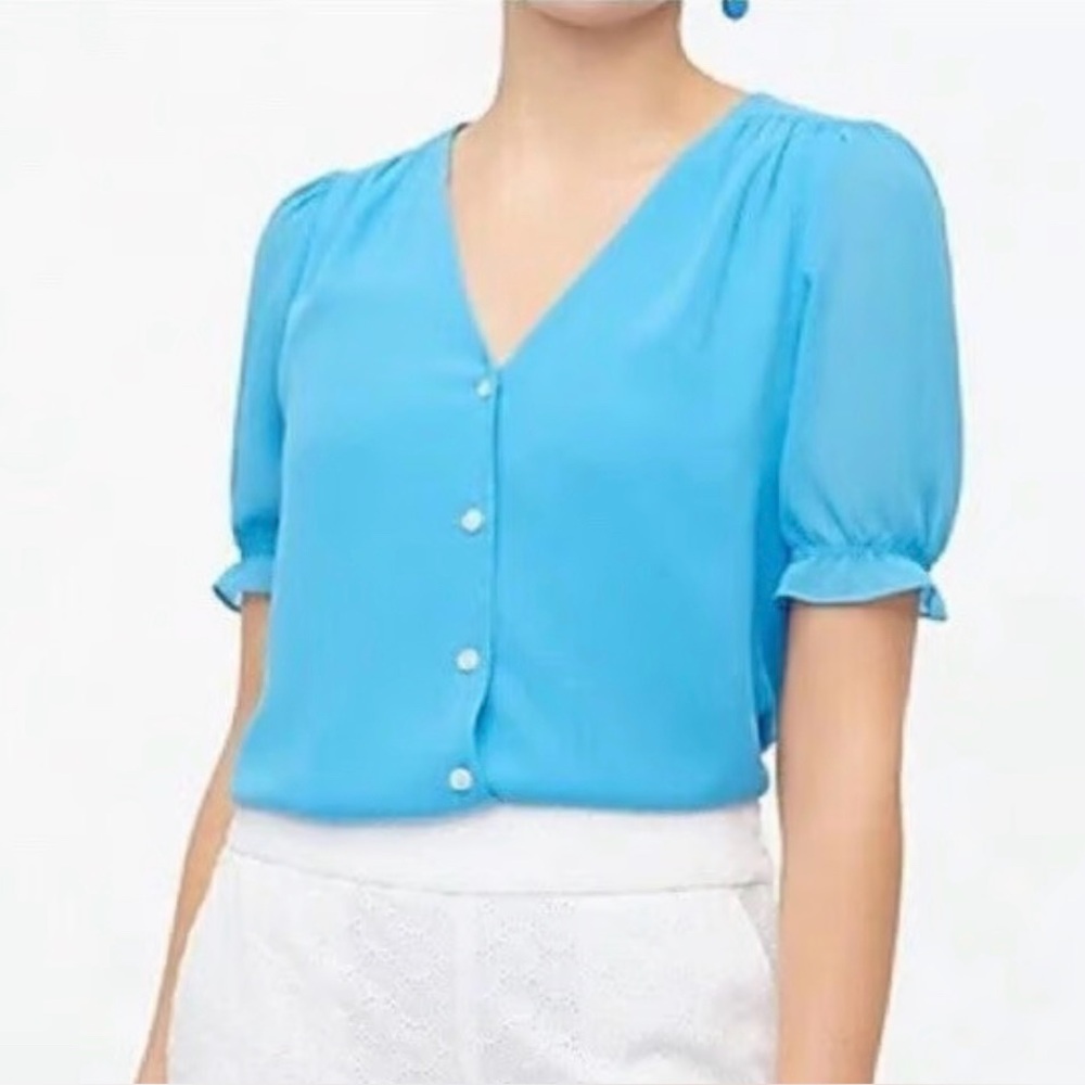 J. Crew Blue Buttoned Puff Sheer Sleeve Blouse XS